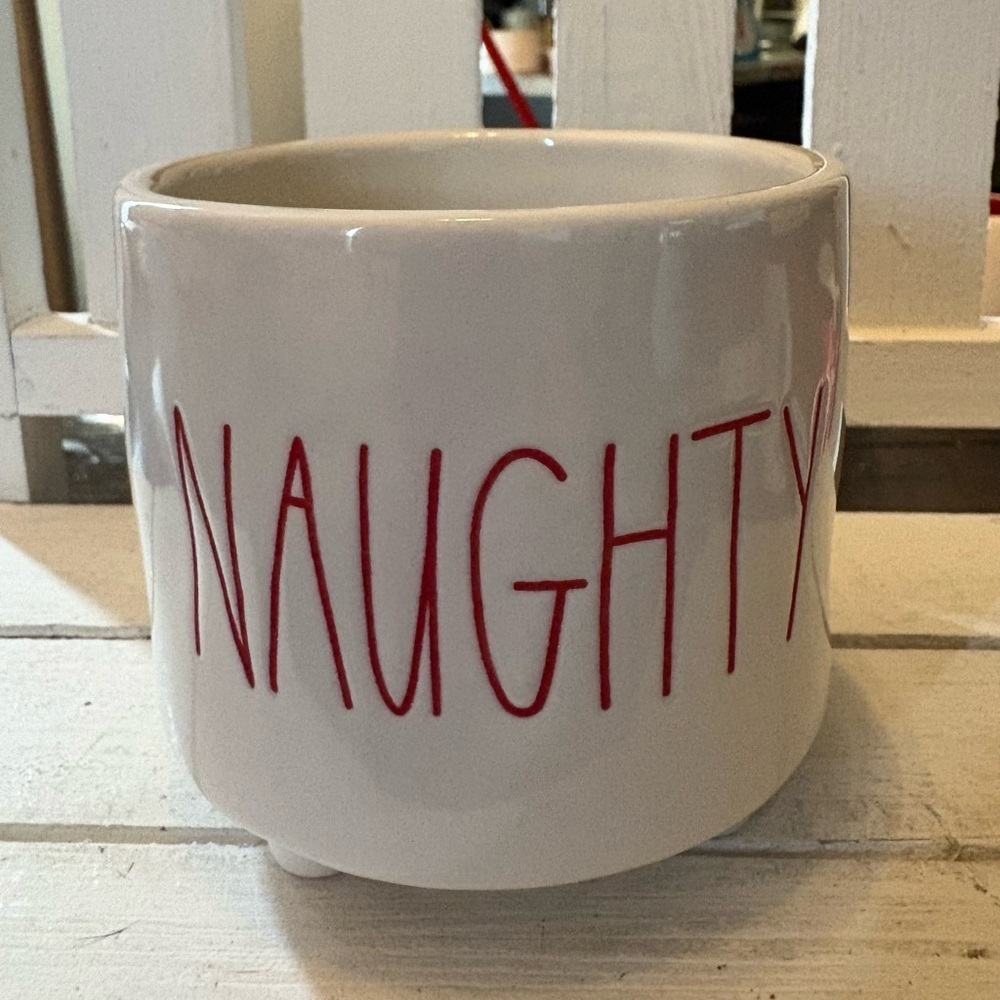 Rae Dunn White Planter with Red 'Naughty' Design